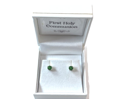 Kids Emerald May Birthstone Cubic Zirconia Silver 4 mm Claw Set Earring.