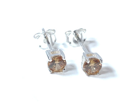 Kids Yellow Topaz (Champagne) November Birthstone Cubic Zirconia Silver 4 mm Claw Set Earring.