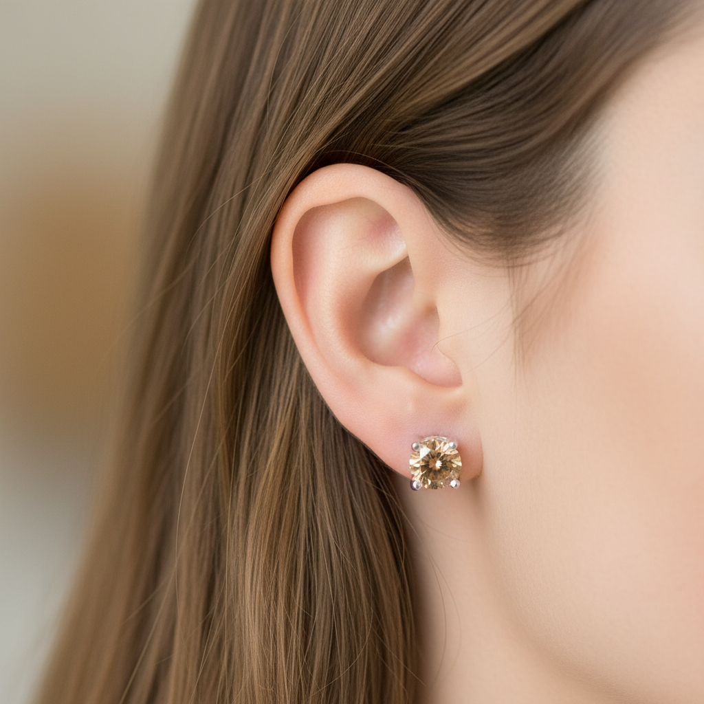 Kids Yellow Topaz (Champagne) November Birthstone Cubic Zirconia Silver 4 mm Claw Set Earring.