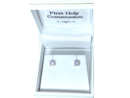 Kids Opalescent Cubic Zirconia Silver 4 mm Claw Set Earring.