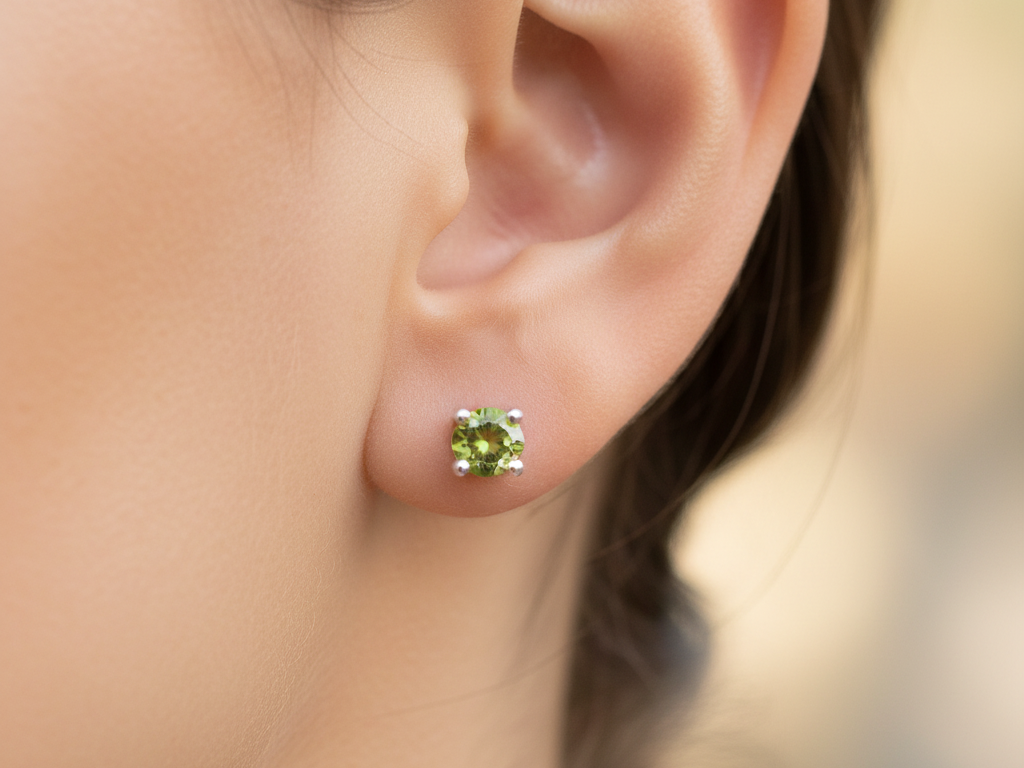 Kids Peridot August Birthstone Cubic Zirconia Silver 4 mm Claw Set Earring.