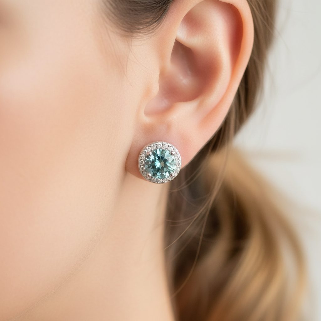 Aquamarine & White Cubic Zirconia Silver Earring