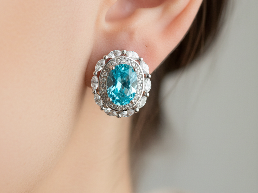 Aquamarine & White Cubic Zirconia Earring.