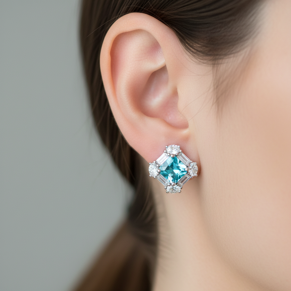 Aquamarine & White Cubic Zirconia Earring.
