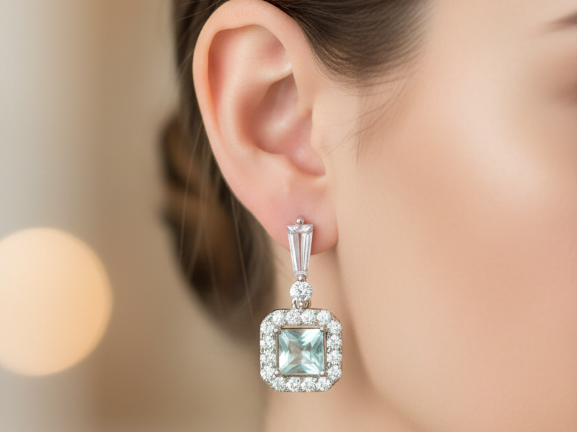 Aquamarine & White Cubic Zirconia Earring