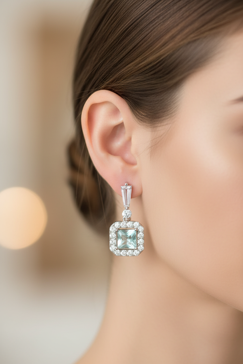Aquamarine & White Cubic Zirconia Earring