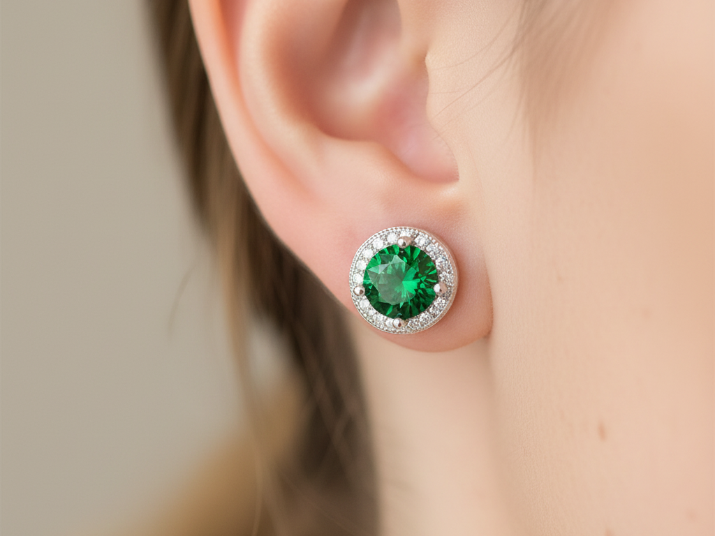 Emerald & White Cubic Zirconia Silver Earring