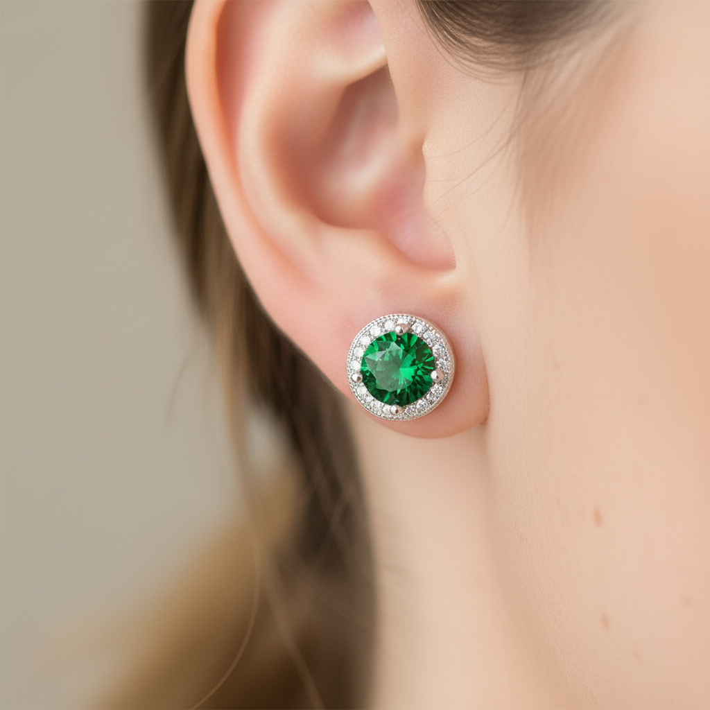Emerald & White Cubic Zirconia Silver Earring