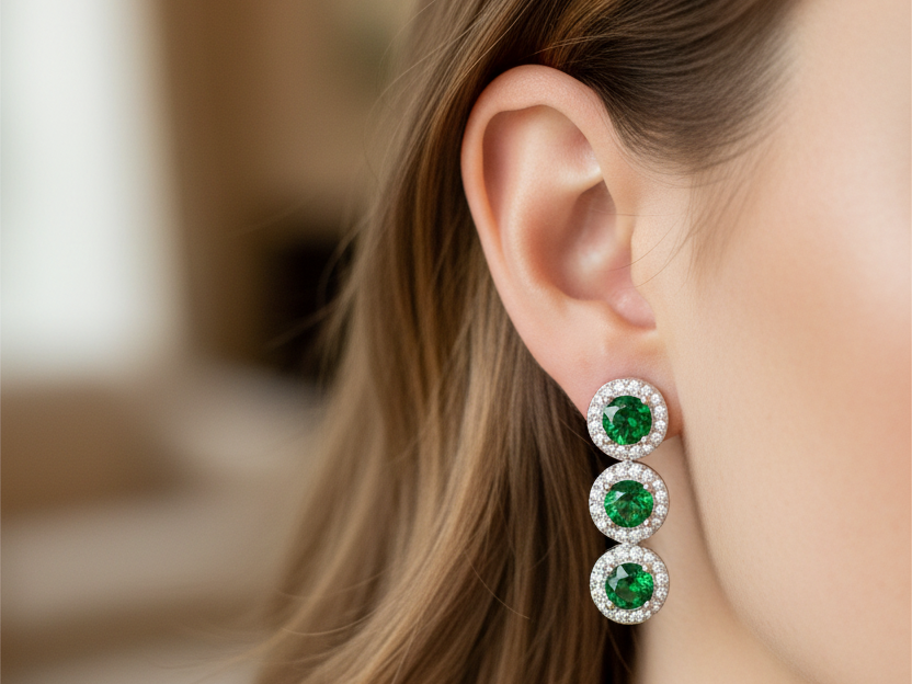Emerald & White Cubic Zirconia Silver Earring