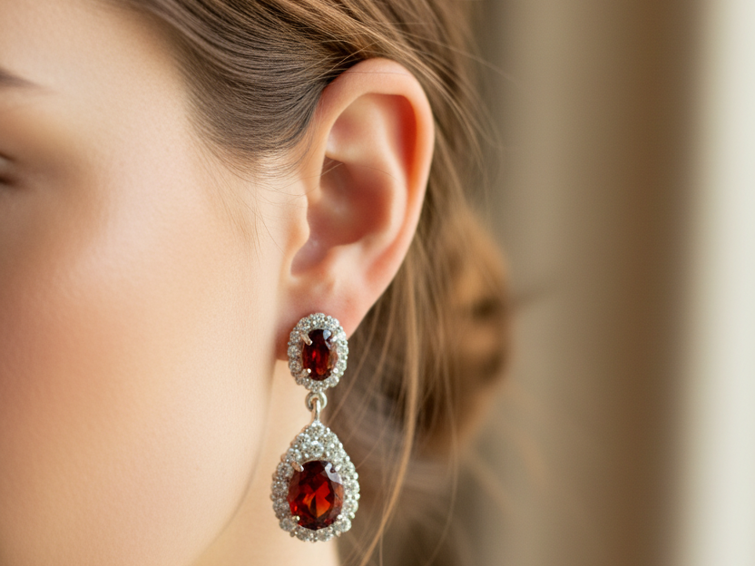 Garnet and White Cubic Zirconia Silver Earring