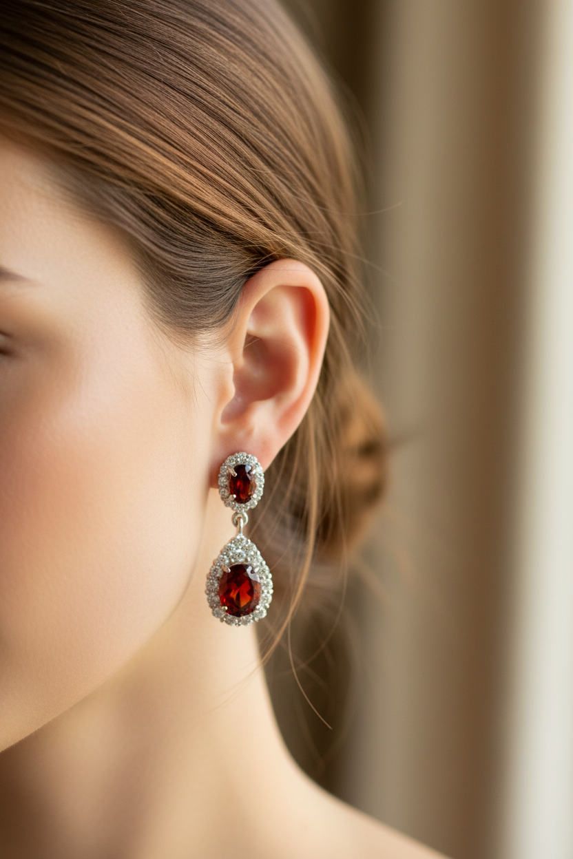 Garnet and White Cubic Zirconia Silver Earring