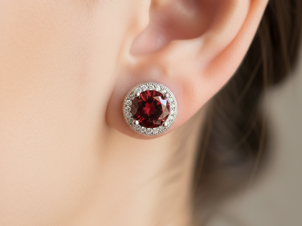 Garnet & White Cubic Zirconia Silver Earring