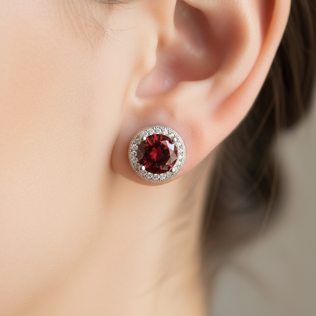 Garnet & White Cubic Zirconia Silver Earring