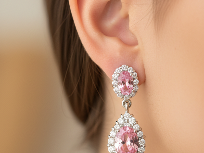 Pink and White Cubic Zirconia Silver Earring