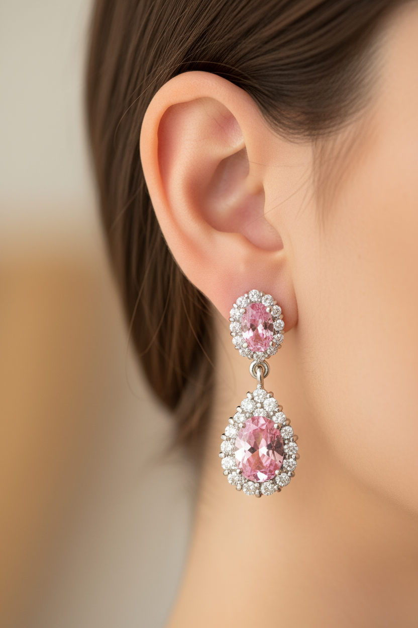 Pink and White Cubic Zirconia Silver Earring