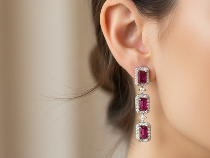 Ruby & White Cubic Zirconia Silver Earring