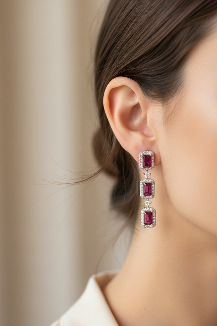 Ruby & White Cubic Zirconia Silver Earring