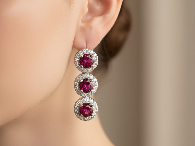 Ruby & White Cubic Zirconia Silver Earring