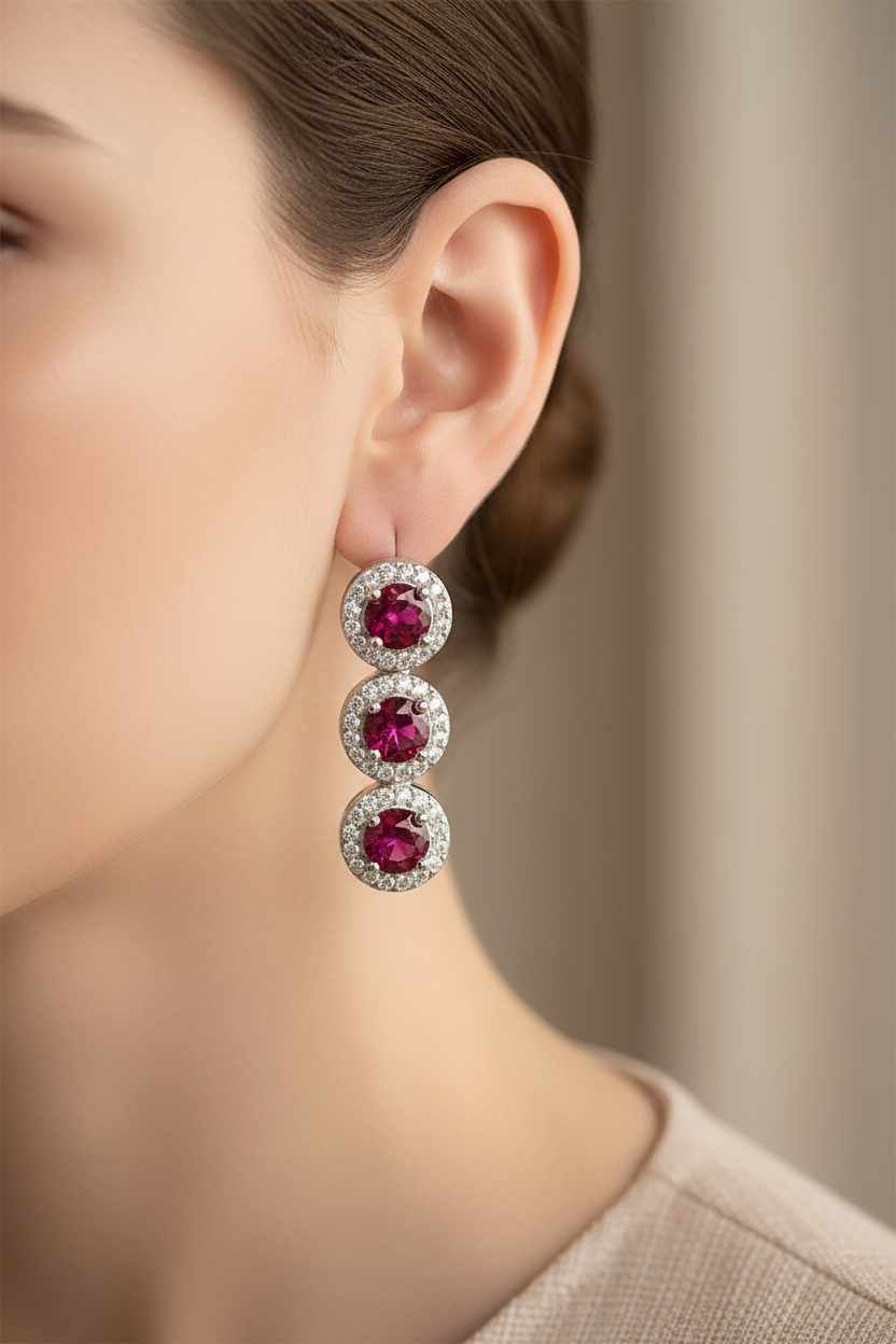 Ruby & White Cubic Zirconia Silver Earring