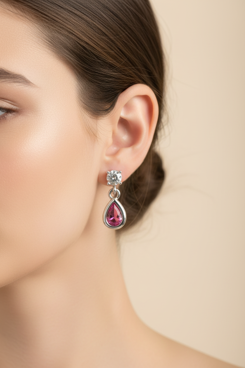 Silver Ruby Cubic Zirconia Earring