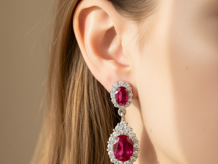 Ruby and White Cubic Zirconia Silver Earring