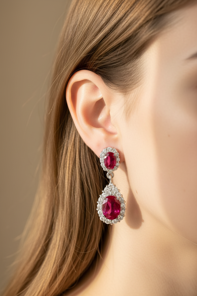 Ruby and White Cubic Zirconia Silver Earring