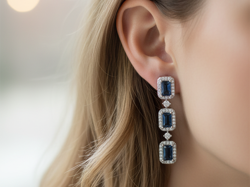 Sapphire & White Cubic Zirconia Silver Earring