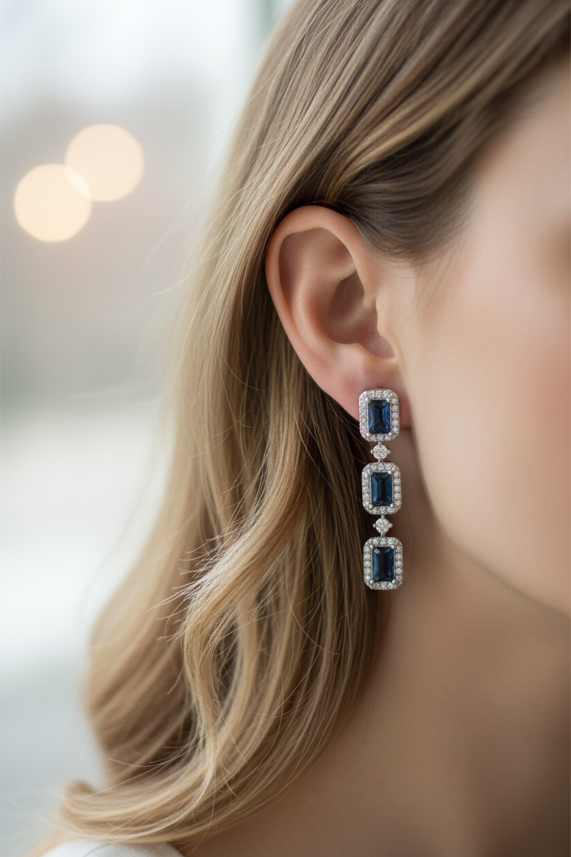 Sapphire & White Cubic Zirconia Silver Earring