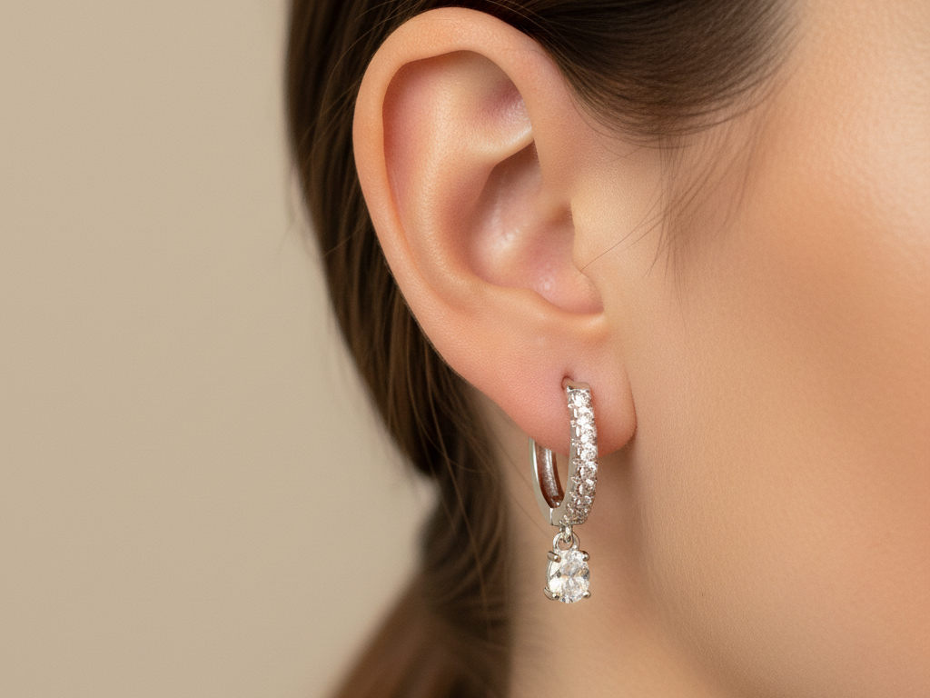 White Cz Silver Huggies Earring