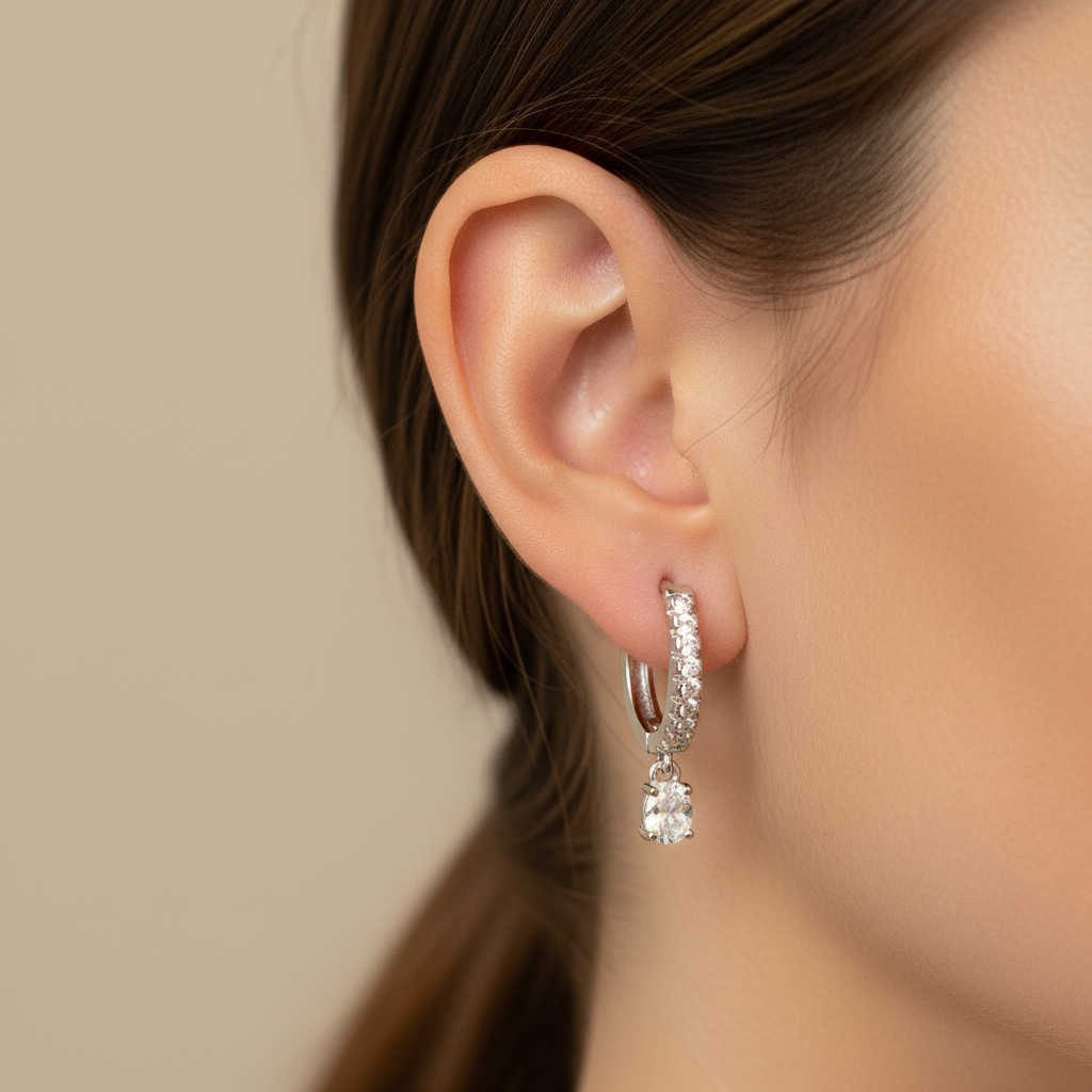 White Cz Silver Huggies Earring