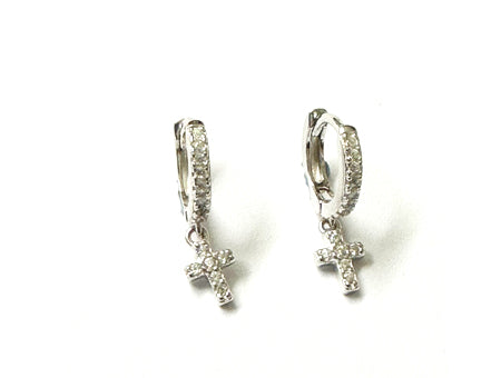 White Cz Silver Cross Huggies Earring