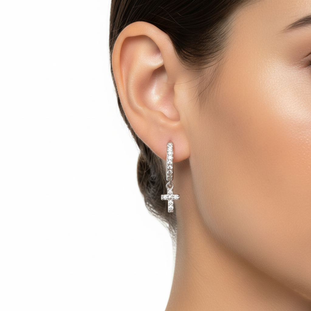 White Cz Silver Cross Huggies Earring