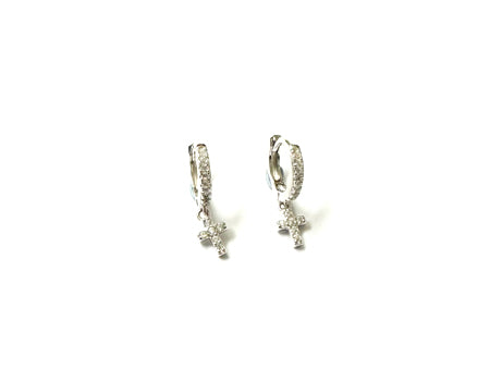White Cz Silver Cross Huggies Earring