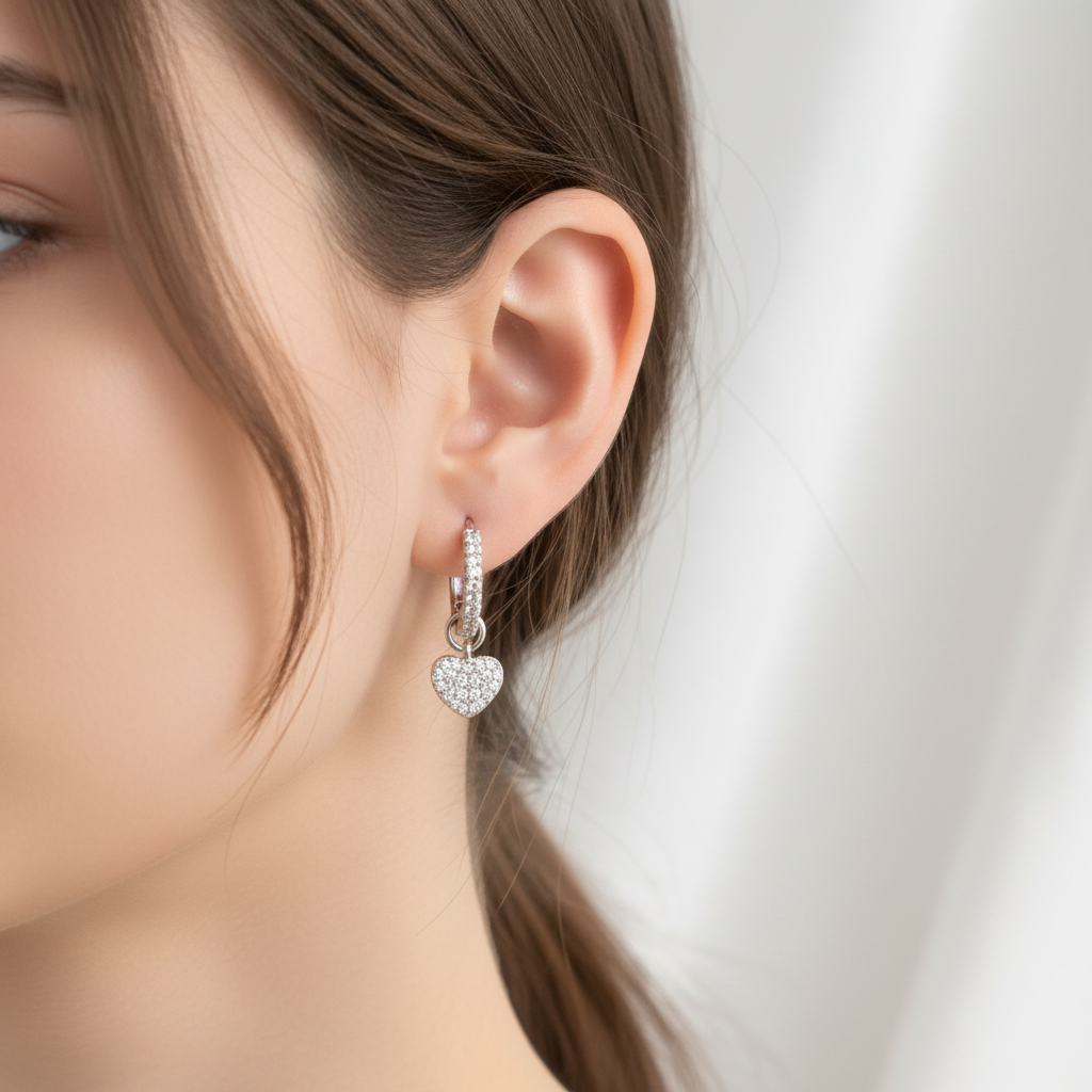White Cz Silver Heart Huggies Earring