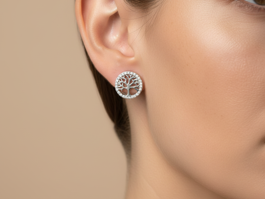 Silver White Cubic Zirconia Tree Of Life Earring.