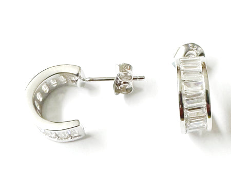 White Cz Silver Stud Half Hoop Earring