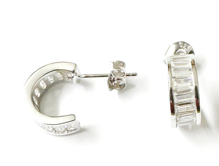 White Cz Silver Stud Half Hoop Earring