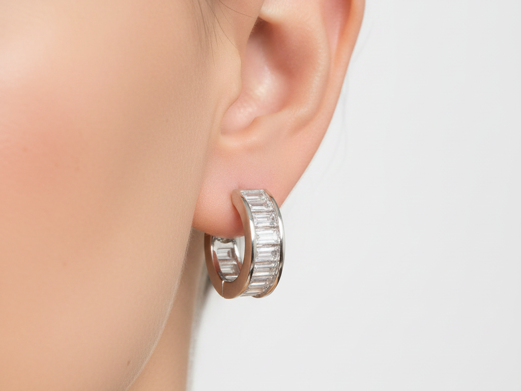 White Cz Silver Stud Half Hoop Earring