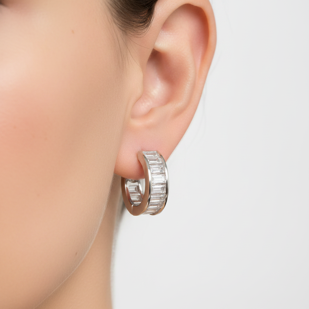 White Cz Silver Stud Half Hoop Earring