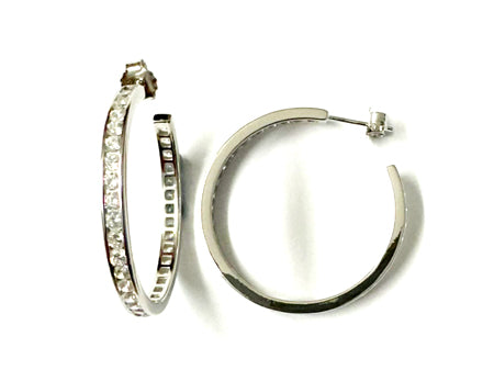 White Cz Silver Stud Half Hoop 32 mm Earring