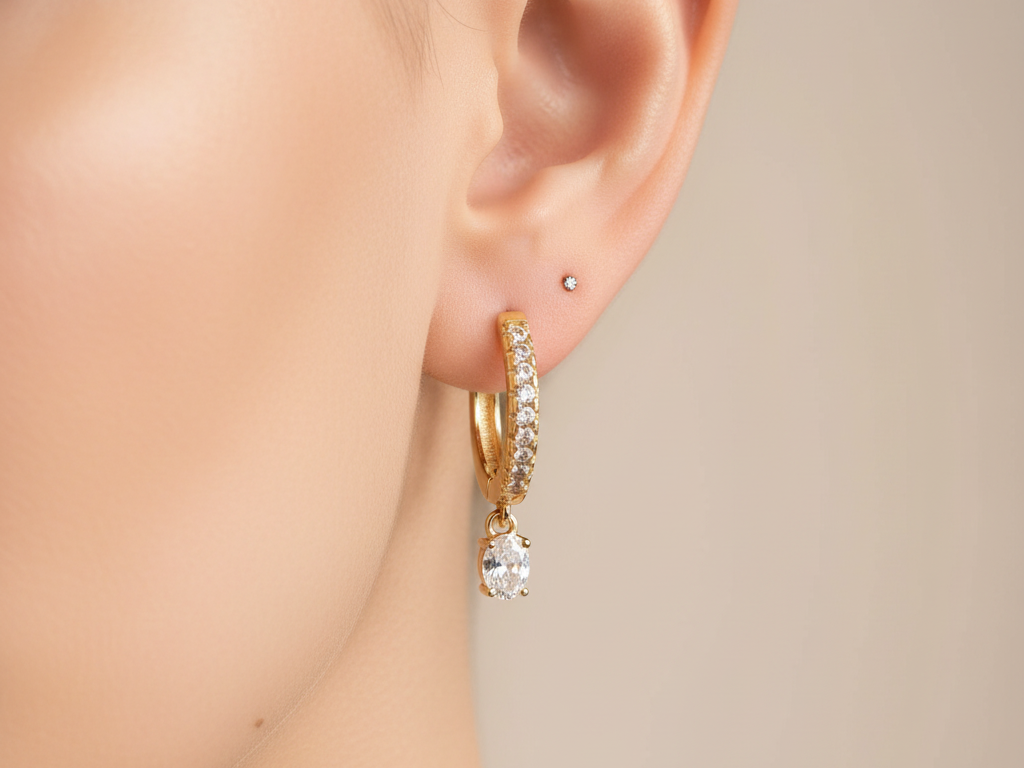White Cz Yellow Plated Silver Huggies Earring