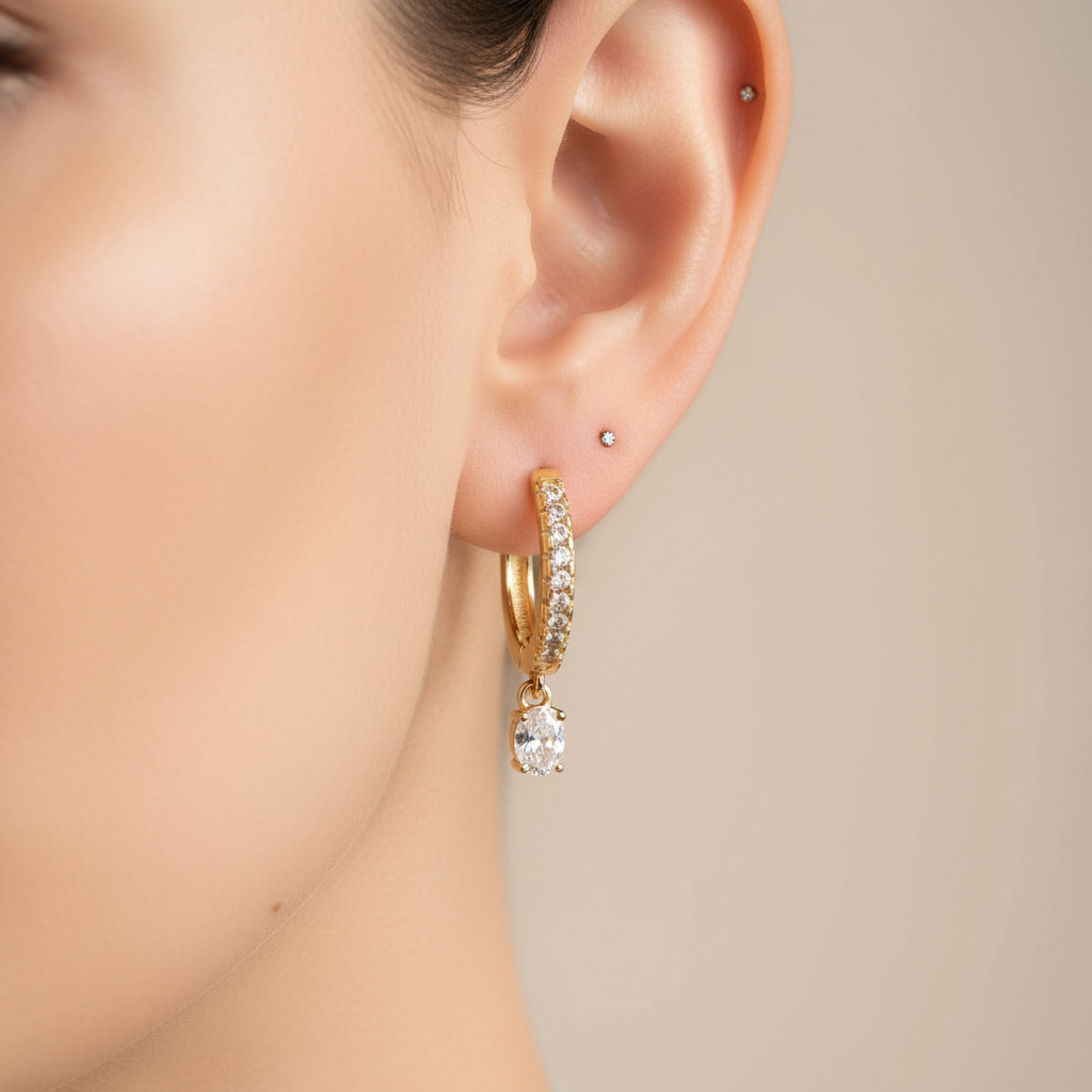 White Cz Yellow Plated Silver Huggies Earring