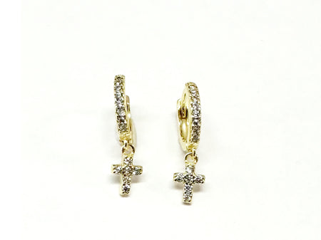 White Cz Yellow Plated Silver Cross Huggies Earring