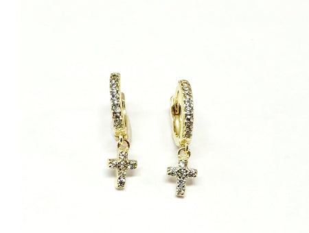 White Cz Yellow Plated Silver Cross Huggies Earring