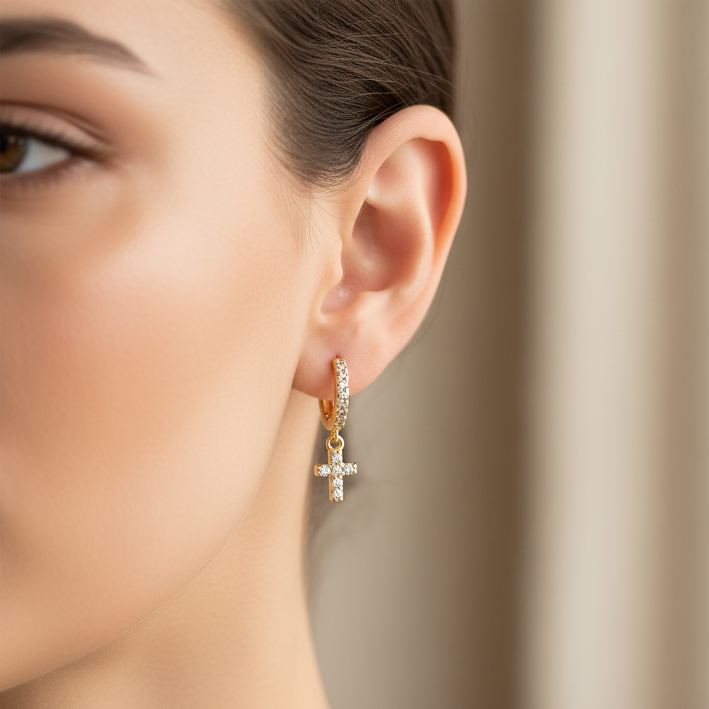 White Cz Yellow Plated Silver Cross Huggies Earring