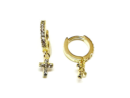 White Cz Yellow Plated Silver Cross Huggies Earring