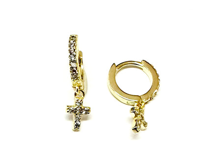 White Cz Yellow Plated Silver Cross Huggies Earring