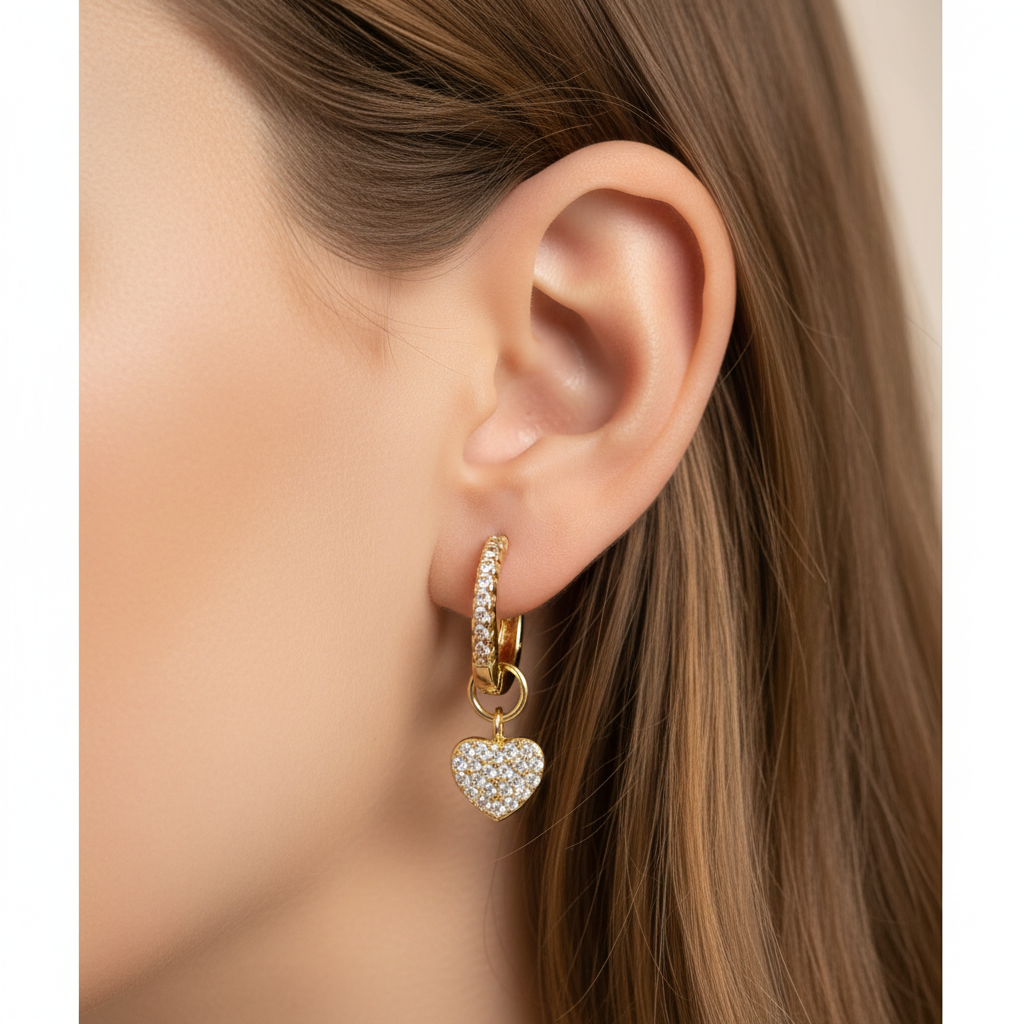 White Cz Yellow Plated Silver Heart Huggies Earring