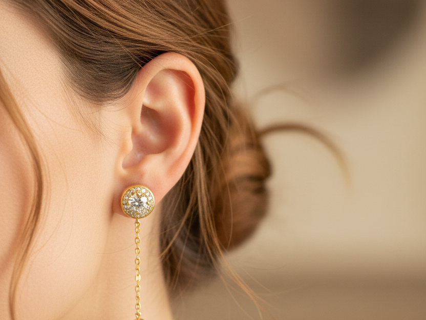 White Cubic Zirconia Gold plated Silver Earring.
