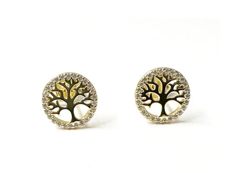 Yellow Plated Silver White Cubic Zirconia Tree Of Life Earring.
